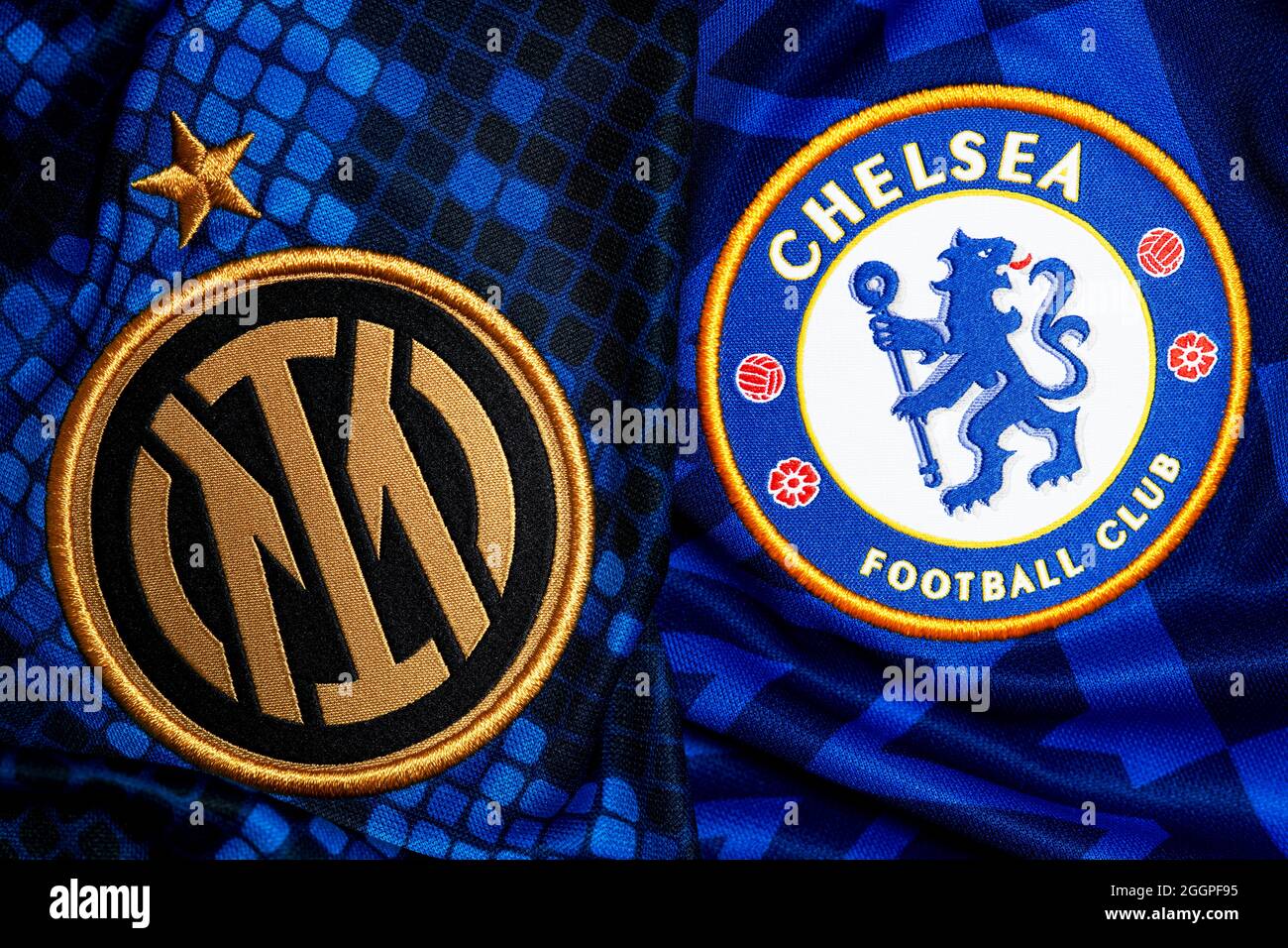 Gros plan sur l'écusson du club Inter & Chelsea FC. Banque D'Images Gros plan sur l'écusson du club Inter & Chelsea FC. Banque D'Images