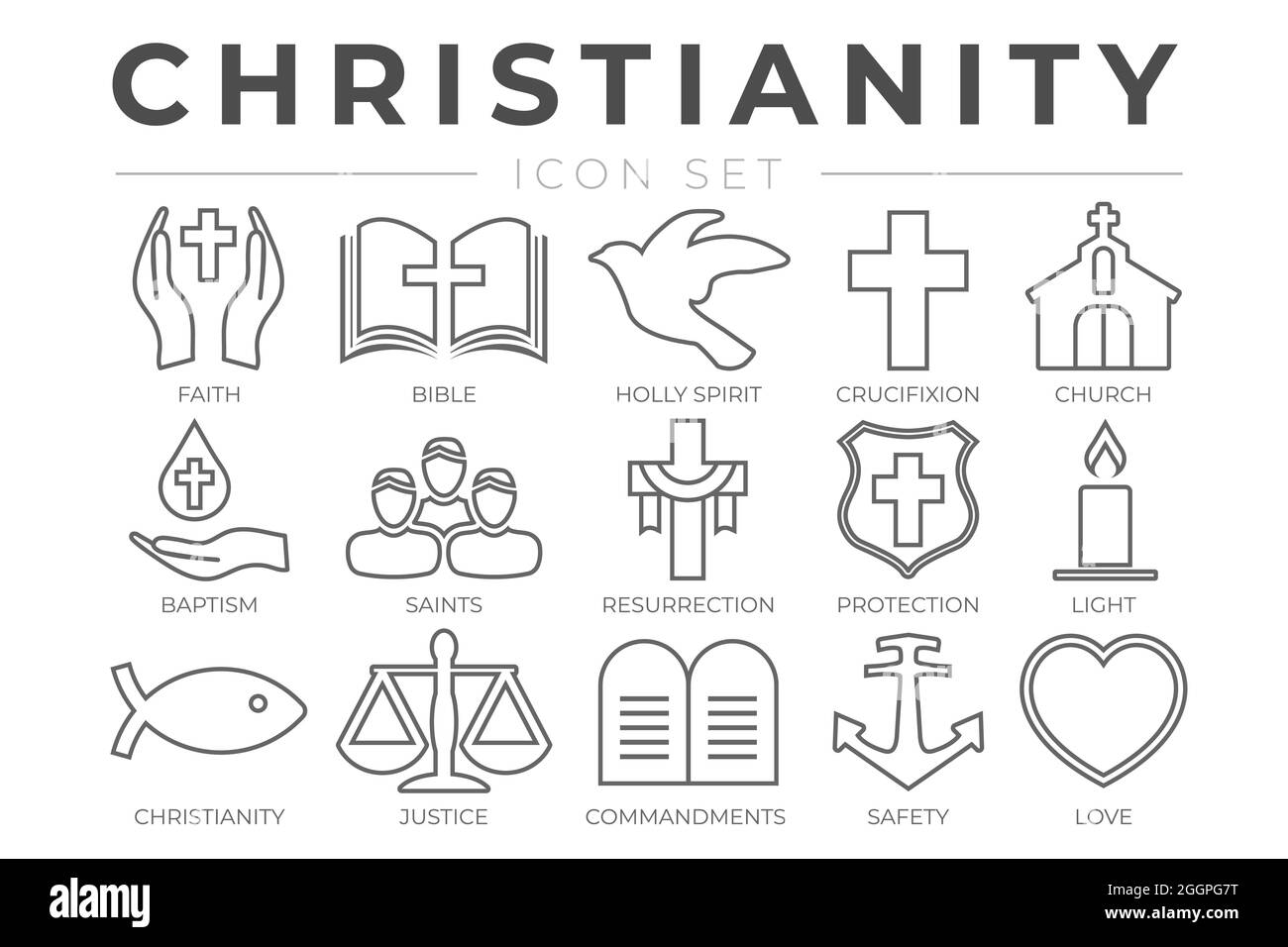 Ensemble d'icônes du Christianisme Outline avec foi, Bible, Crucifixion , Baptême, Église, Résurrection, Esprit Saint, Saints, Commandements, lumière, protection, Jus Illustration de Vecteur