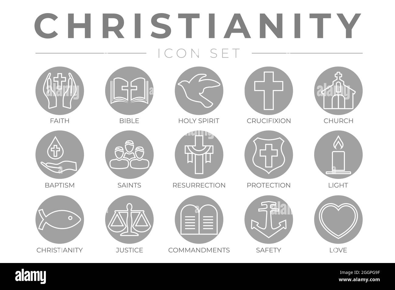 Ensemble rond d'icône de Christianisme avec foi, Bible, Crucifixion , Baptême, Église, Résurrection, Esprit Saint, Saints, Commandements, lumière, Protectio Illustration de Vecteur