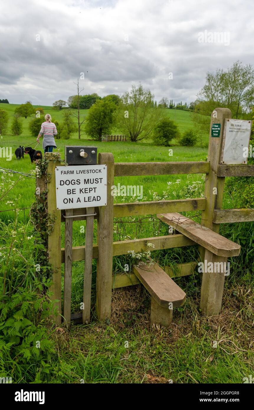 Sentier de randonnée avec carreaux et panneaux d'avertissement et femmes marchant deux chiens sur des pistes Banque D'Images