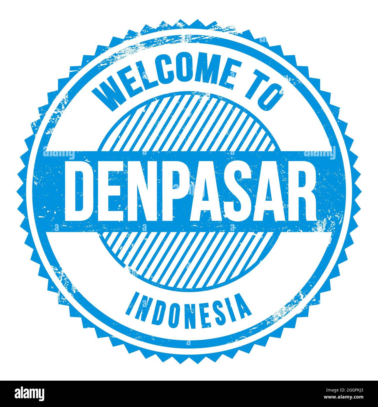 BIENVENUE À DENPASAR - INDONÉSIE, mots écrits sur le timbre bleu en zigzag Banque D'Images