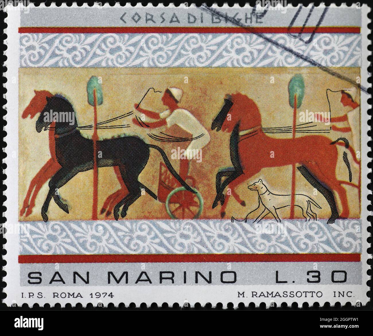 Char de l'ancienne etrusque fresque sur timbre-poste Banque D'Images
