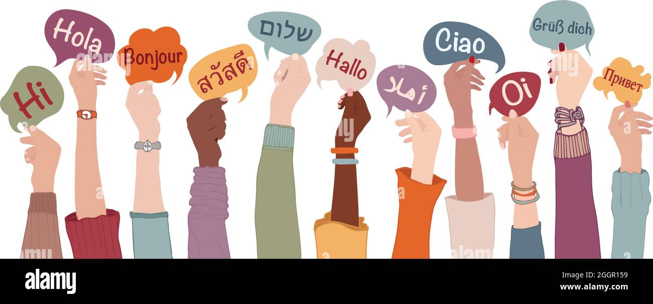 Bras et mains levés de personnes multiethniques de différents pays-nations et continents tenant des bulles de discours avec le texte -hallo- dans diverses langues Illustration de Vecteur