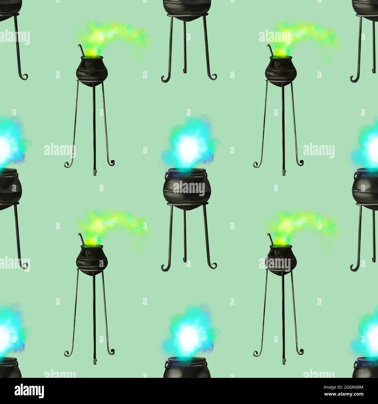 Motif sans couture Watercolor Magic Cauldron. Illustration des sorcières de potion Banque D'Images