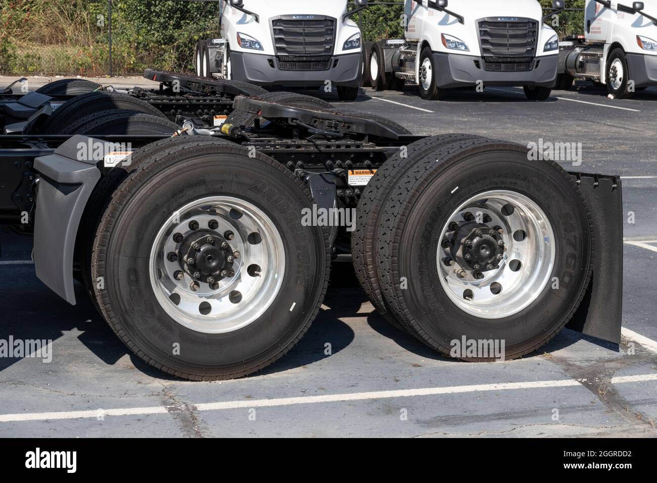 Indianapolis - Circa septembre 2021: Freightliner semi tracteur remorque essieu arrière aligné pour la vente. Freightliner appartient à Daimler. Banque D'Images