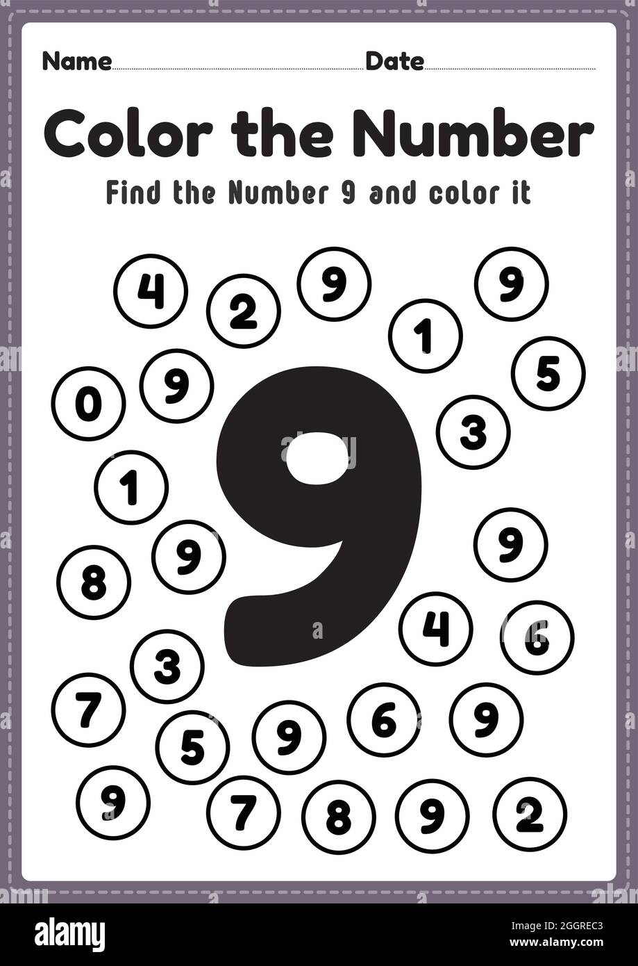 Nombre de feuilles de calcul pour la maternelle, numéro 9 coloriage des activités mathématiques pour les enfants de la maternelle pour apprendre les compétences de base en mathématiques dans une page imprimable. Illustration de Vecteur