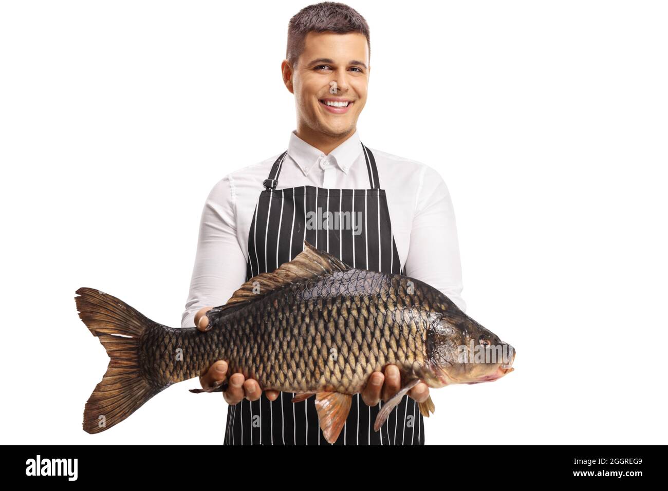 Youn homme portant un tablier et tenant un gros poisson de carpe isolé sur fond blanc Banque D'Images