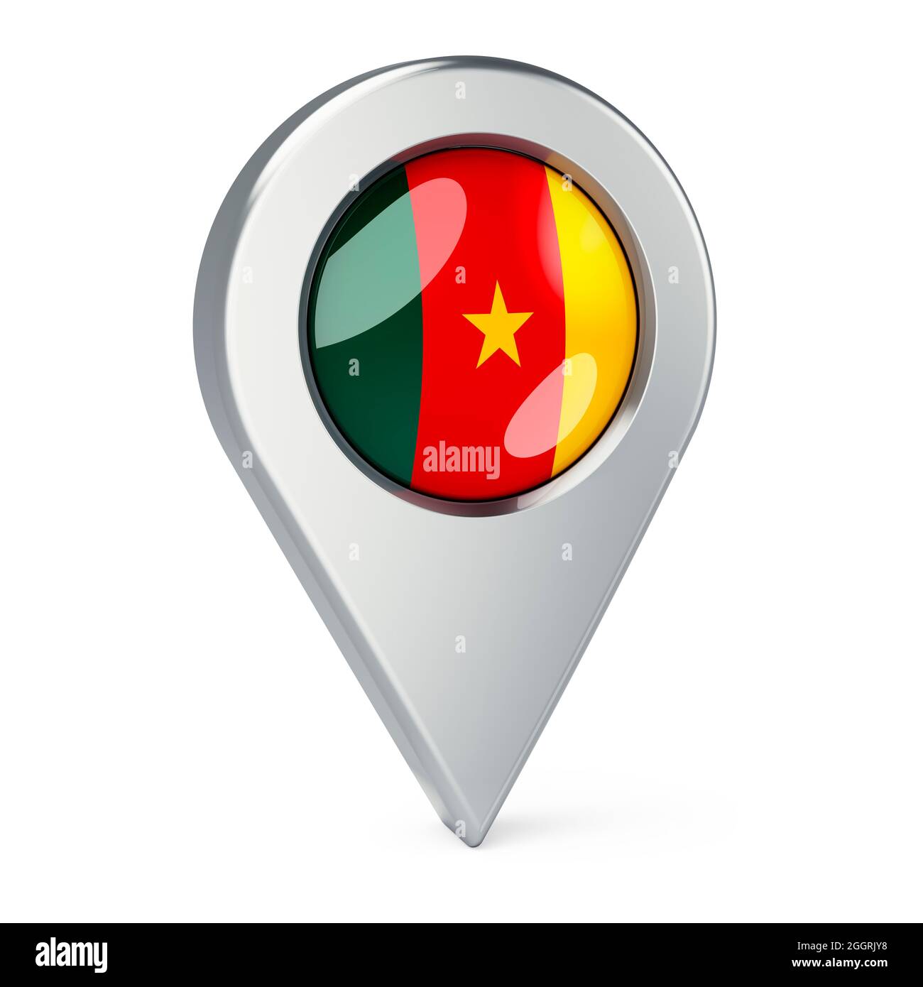 Pointeur de carte avec drapeau du Cameroun, rendu 3D isolé sur fond blanc Banque D'Images
