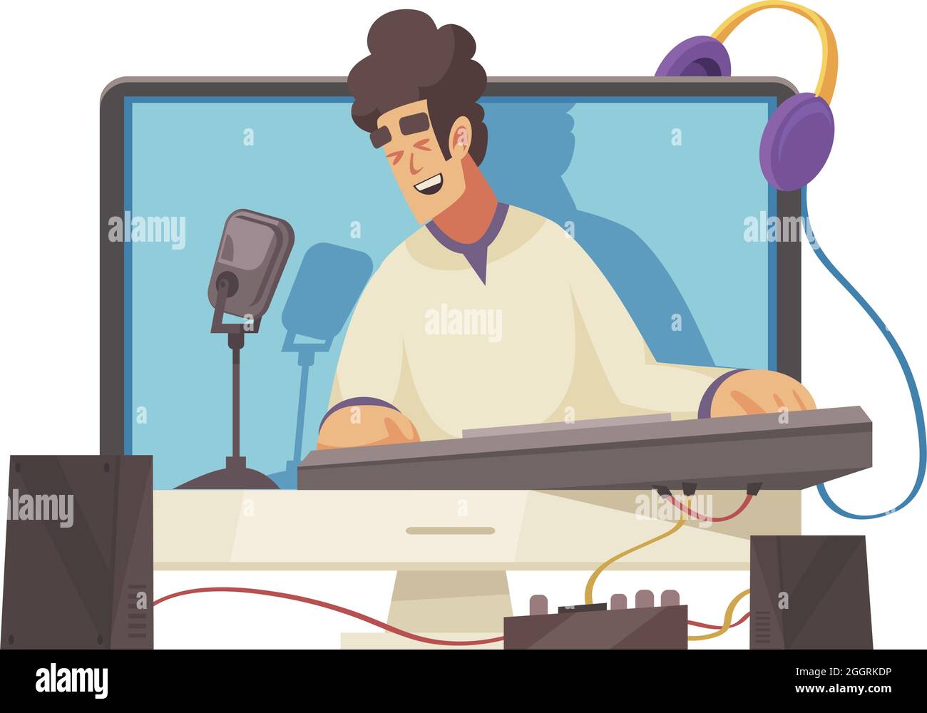 Dessin animé vidéo blogueur chantant et jouant clavier en ligne illustration vectorielle Illustration de Vecteur