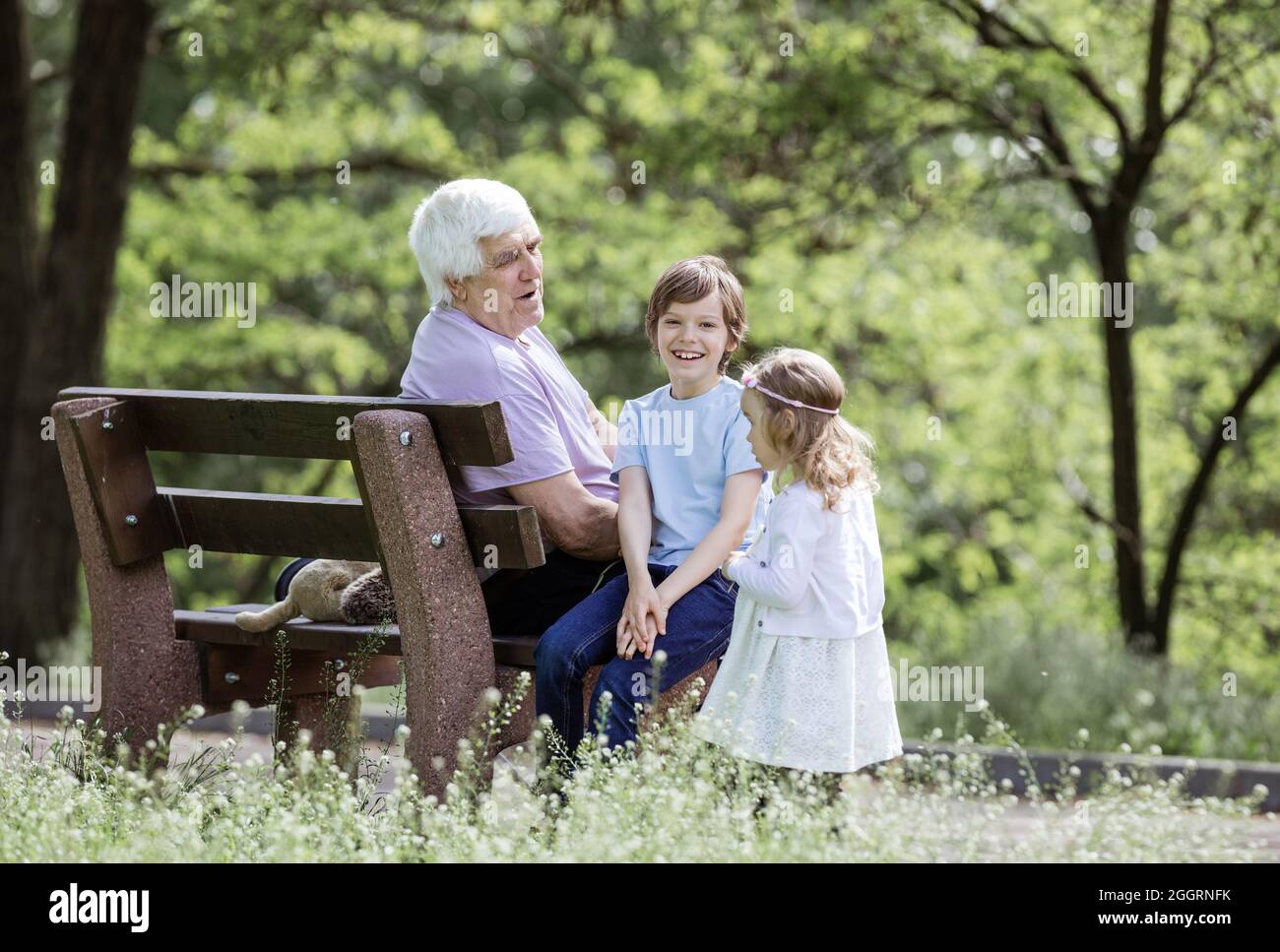 Homme mûr parlant avec des petits-enfants assis à bord dans un parc d'été Banque D'Images