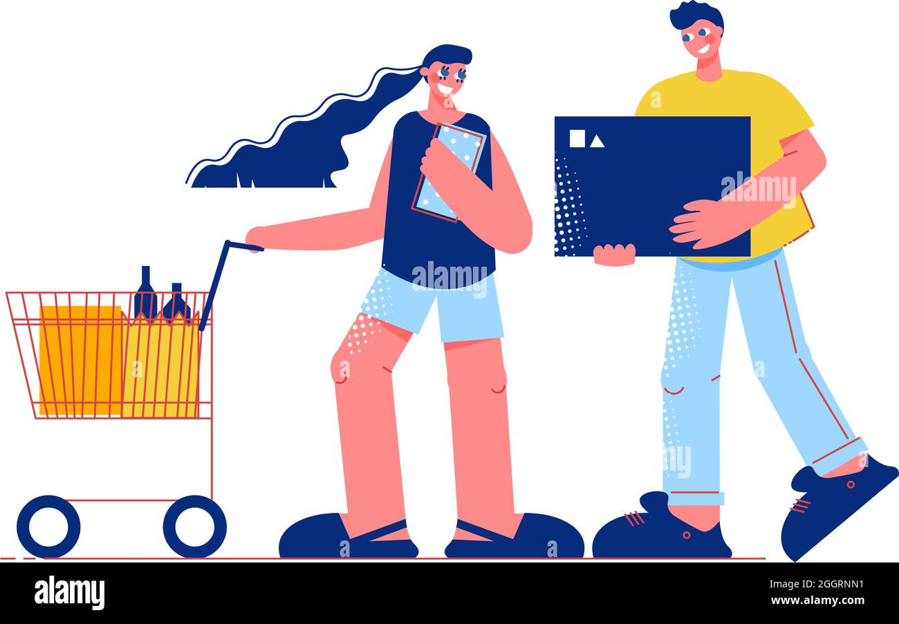 Composition plate de shopping familial avec des personnages de boîte de maintien d'homme et de femme avec chariot illustration vectorielle Illustration de Vecteur
