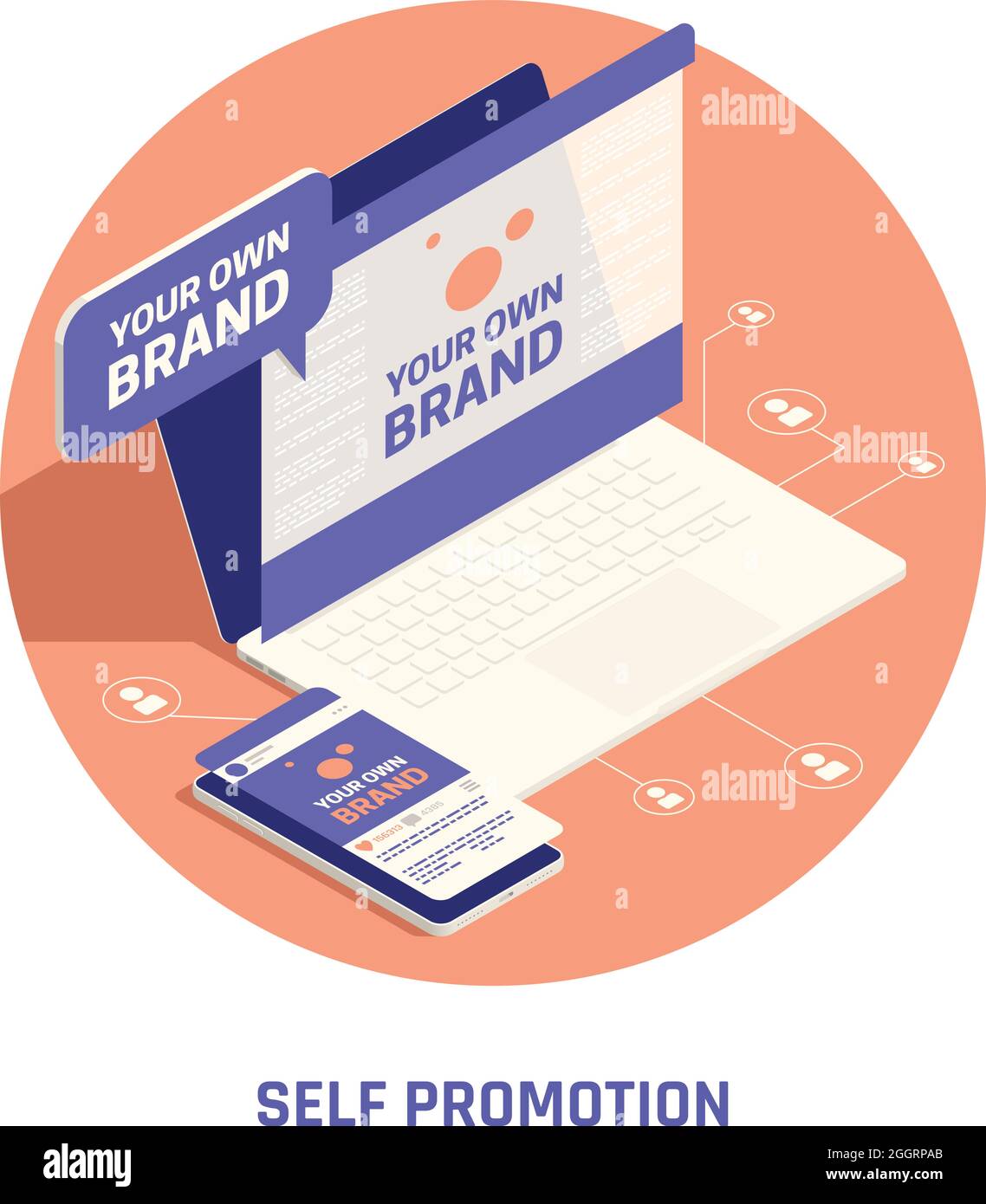 Auto-promotion votre propre réseau de construction de marque marketing isométrique circulaire composition de fond avec l'illustration personnelle de vecteur de page Web Illustration de Vecteur