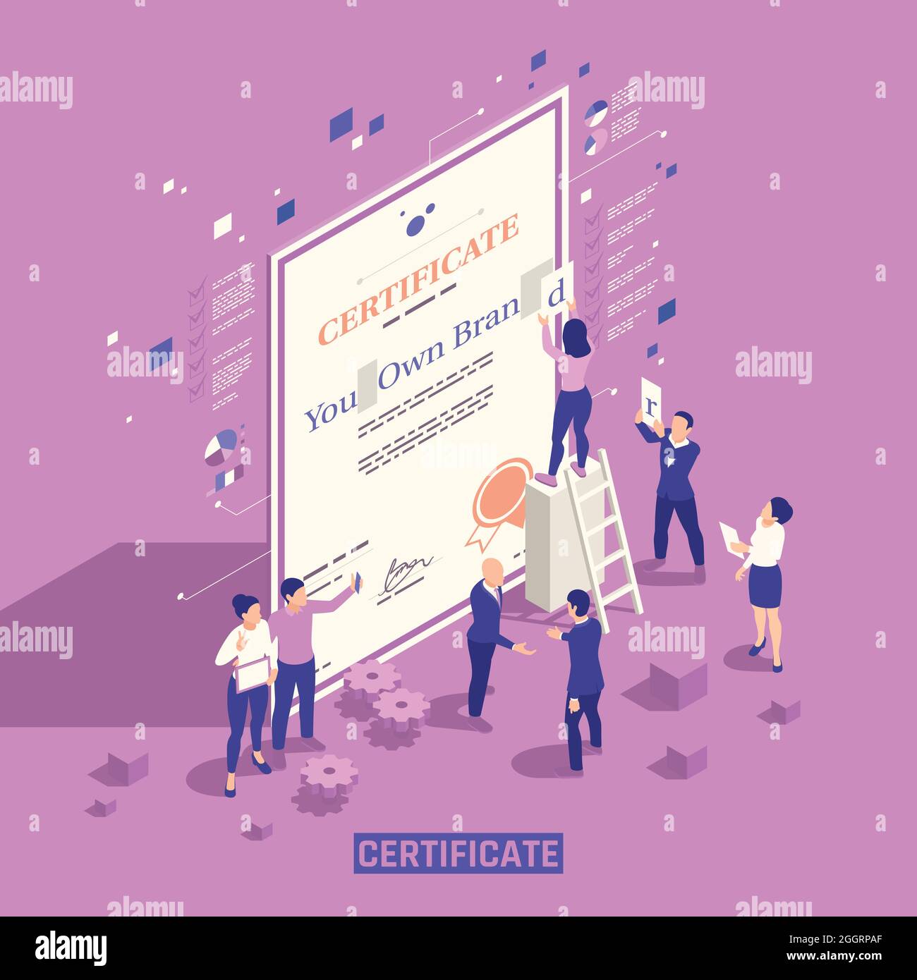 Strategical self marketing Personal Branding techniques de gestion des compétences éducation isométrique de fond composition avec certificat officiel vecteur Illustration de Vecteur