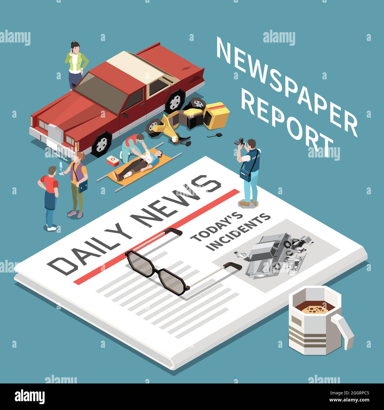 Journal prêt à l'emploi avec rapport d'accident de voiture et icônes de transport de personnes blessées et illustration vectorielle de concept de journaliste isométrique Illustration de Vecteur