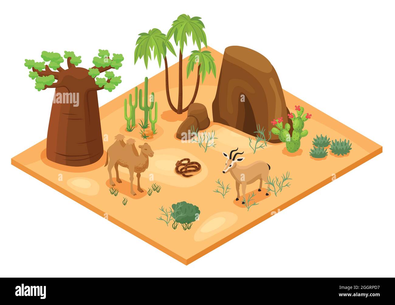 Paysage désertique avec des cactus palmiers rochers serpent de chameau et gazelle illustration vectorielle isométrique Illustration de Vecteur