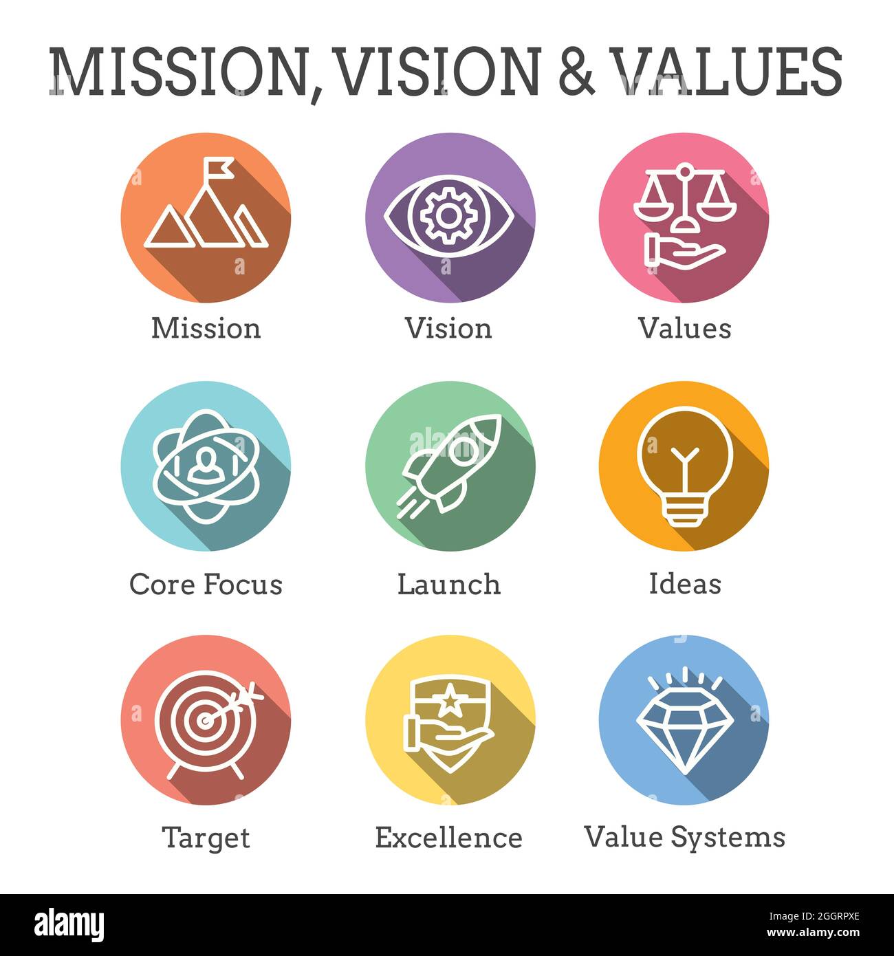 Ensemble d'icônes Mission Vision et valeurs avec icônes fusée, idées et objectifs Banque D'Images