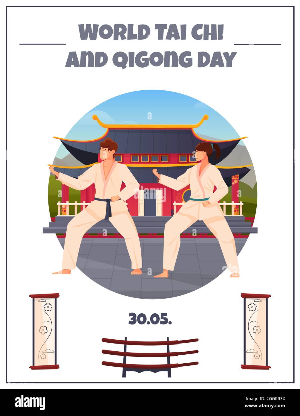 World tai chi et qigong carte plate de jour avec deux athlètes orientaux dans un kimono à la pagode chinoise illustration vectorielle de fond Illustration de Vecteur