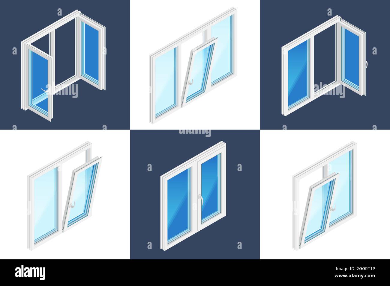 Installation de fenêtres concept Isométrique jeu de six icônes carrées avec fenêtres en plastique ouvertes et fermées sur fond blanc et sombre vecteur illust Illustration de Vecteur