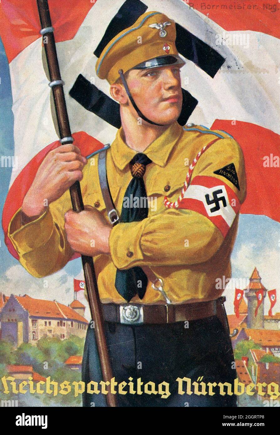 Une affiche vintage pour le rallye de Nuremberg nazi annuel montrant un membre en uniforme de la Jeunesse d'Hitler (Hitler-Jugend, HJ) Banque D'Images