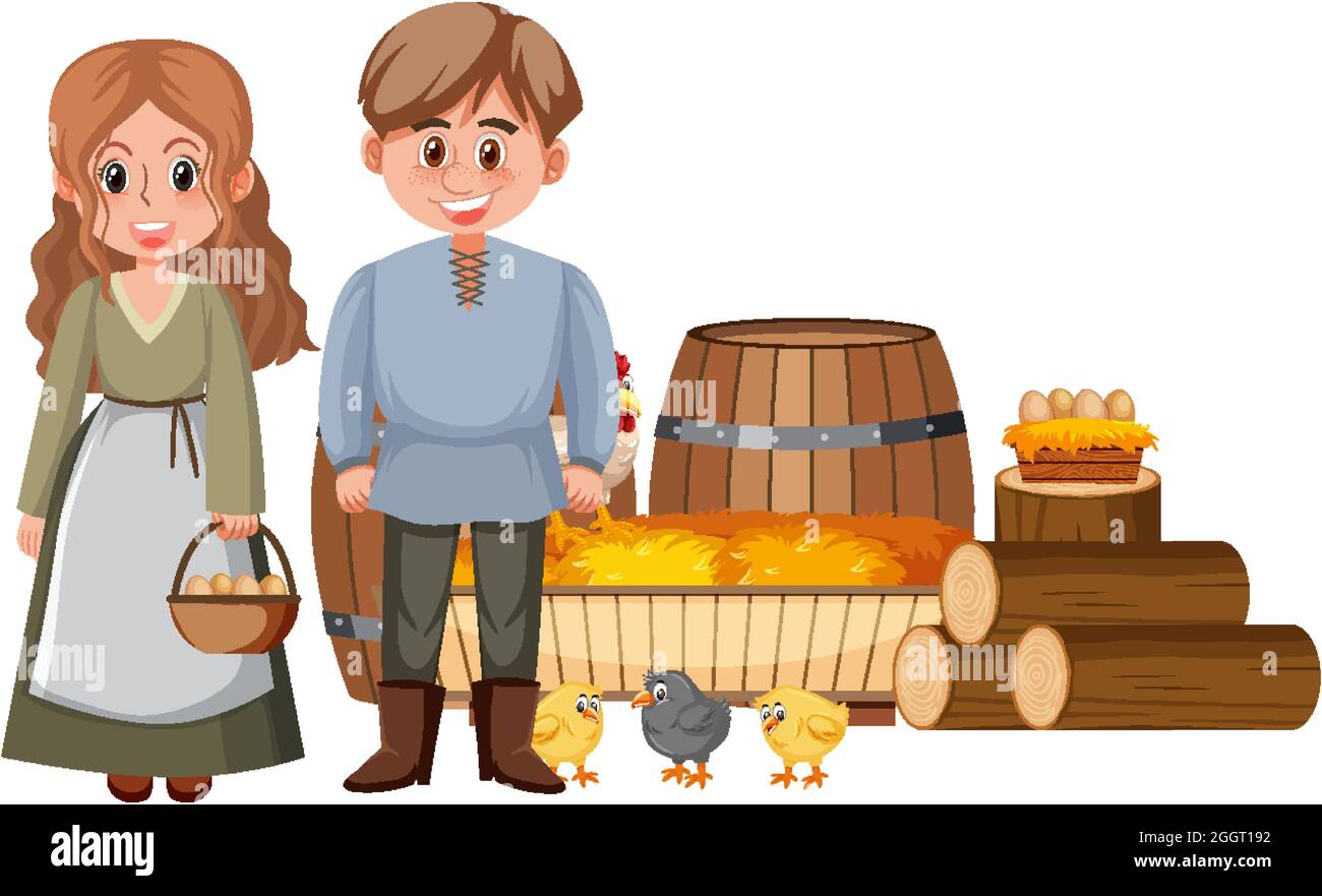 Couple de paysans médiévaux avec illustration d'objets de ferme Illustration de Vecteur