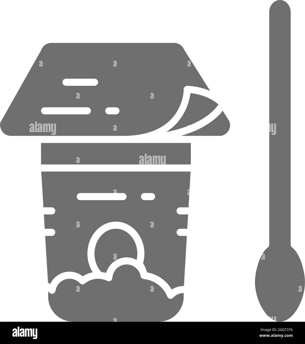 Emballage avec couvercle en aluminium pour yaourt, fromage cottage dans un pot avec une cuillère icône grise. Illustration de Vecteur