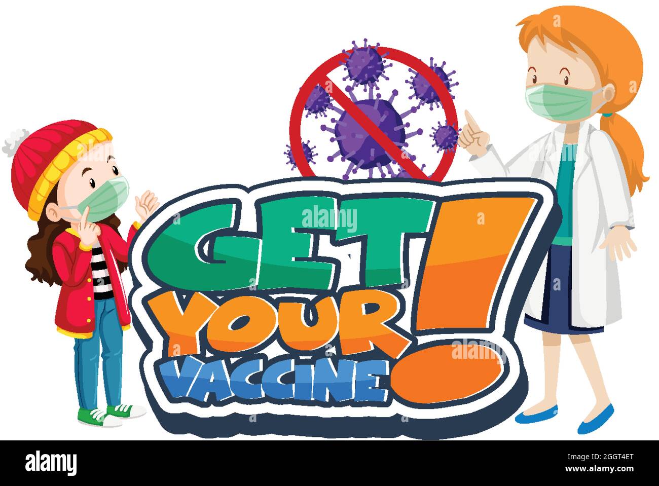 Obtenez votre bannière de police de vaccin avec une illustration de personnage de dessin animé de médecin Illustration de Vecteur