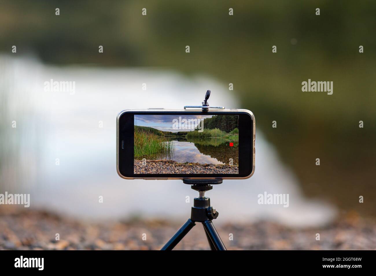 Un gros plan du téléphone sur un trépied prend une vidéo ou une photo de la nature. Un beau lac dans la forêt avec des nuages dans l'écran du photographe Banque D'Images