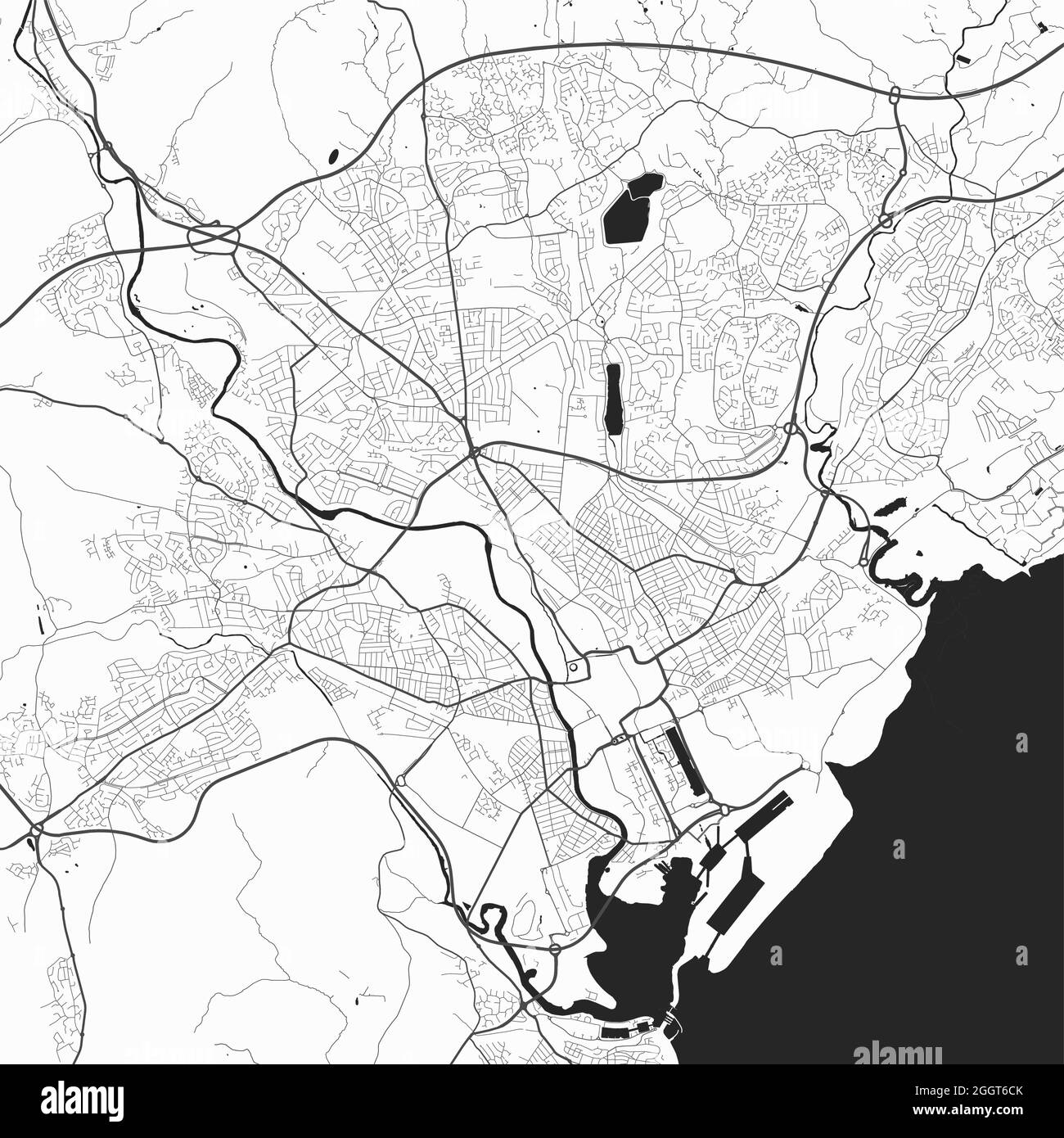 Plan de la ville urbaine de Cardiff. Illustration vectorielle, affiche d'art en niveaux de gris de Cardiff. Carte des rues avec vue sur les routes et la région métropolitaine. Illustration de Vecteur