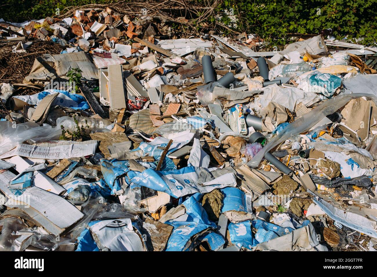 Décharge de déchets avec des déchets de construction et des ordures dans la forêt Banque D'Images