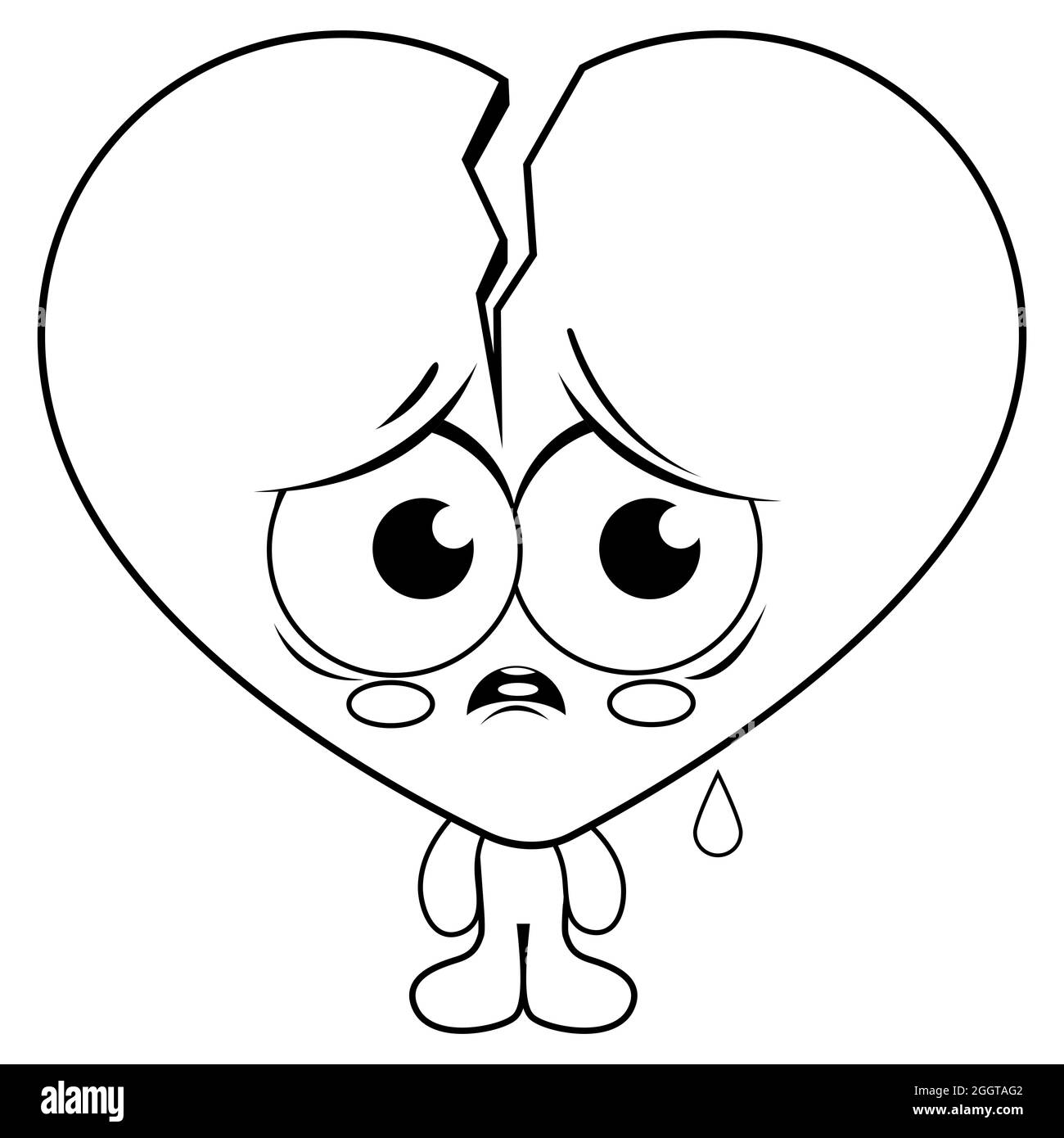 Dessin animé drôle de coeur de Saint-Valentin. Personnage de cœur brisé de dessin animé. Coloriage noir et blanc. Banque D'Images