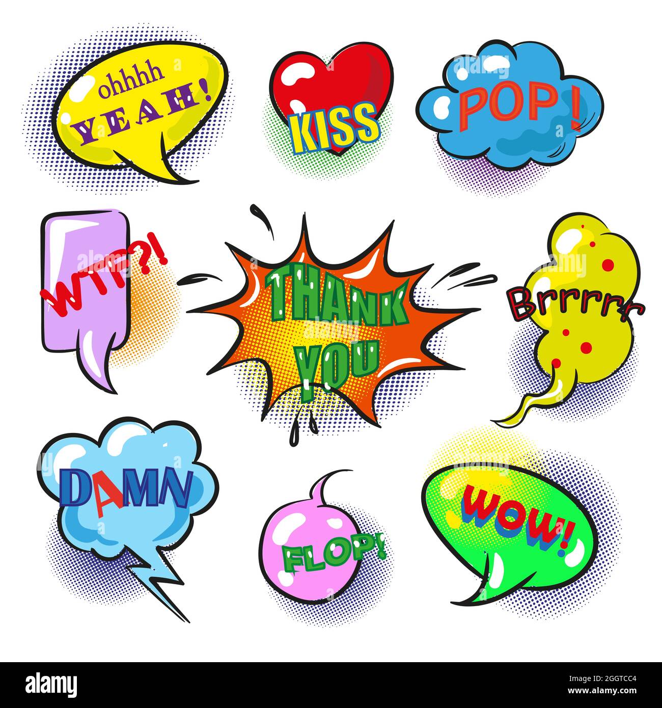 Des bulles de discours vector pop art avec des expressions de mode Illustration de Vecteur
