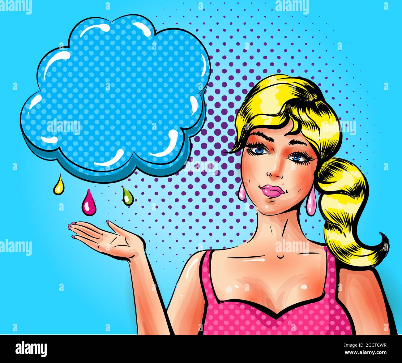 Vecteur pop art triste femme montrant le nuage avec des gouttes de pluie Illustration de Vecteur