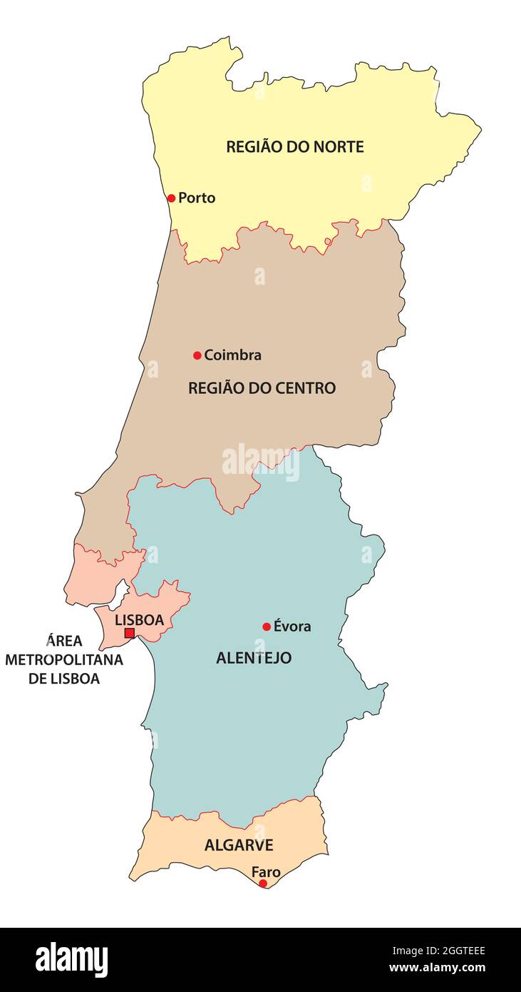 Carte vectorielle administrative des cinq régions du Portugal Illustration de Vecteur