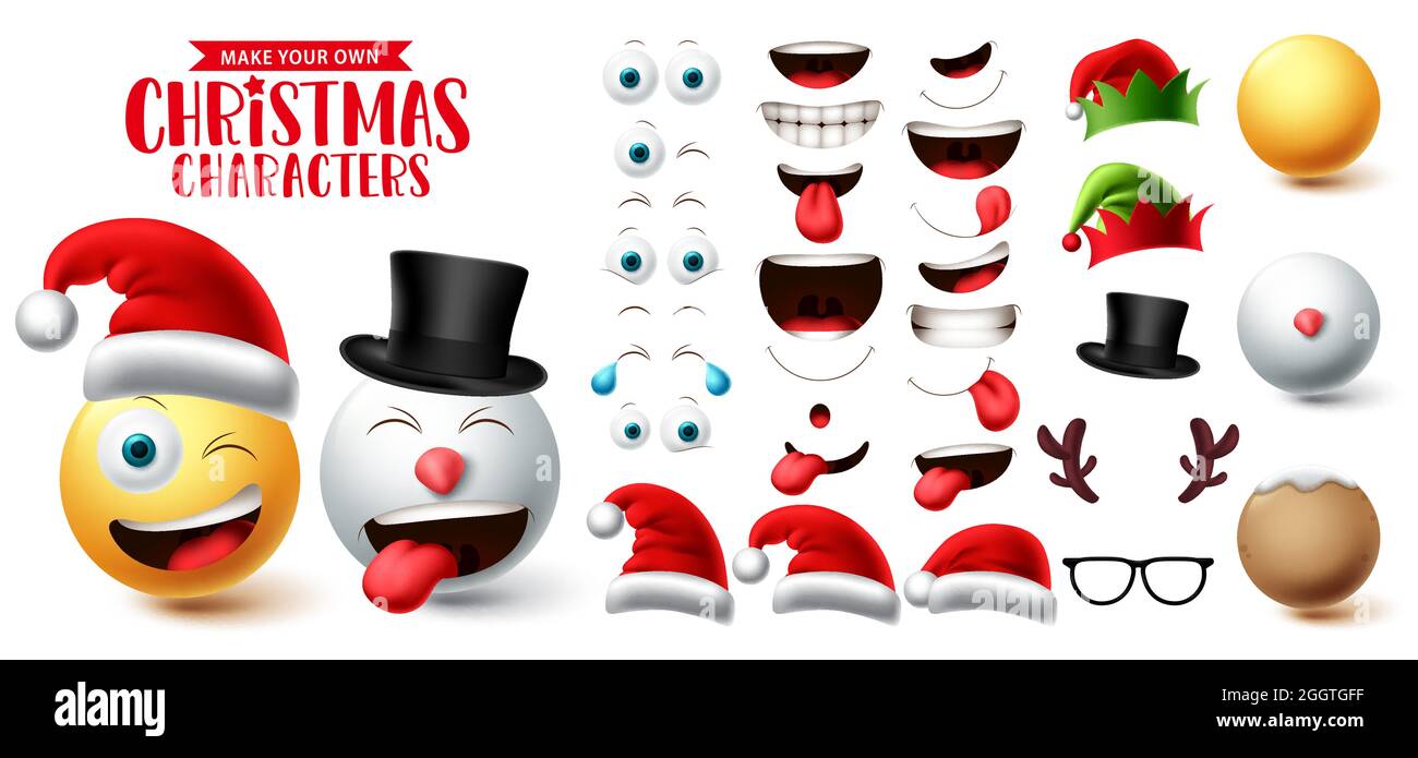 Ensemble de vecteurs de création Emoji de Noël. Smiley visage yeux, bouche,  chapeau et tête émoticone collection créateur caractère pour xmas élément  graphique conception Image Vectorielle Stock - Alamy