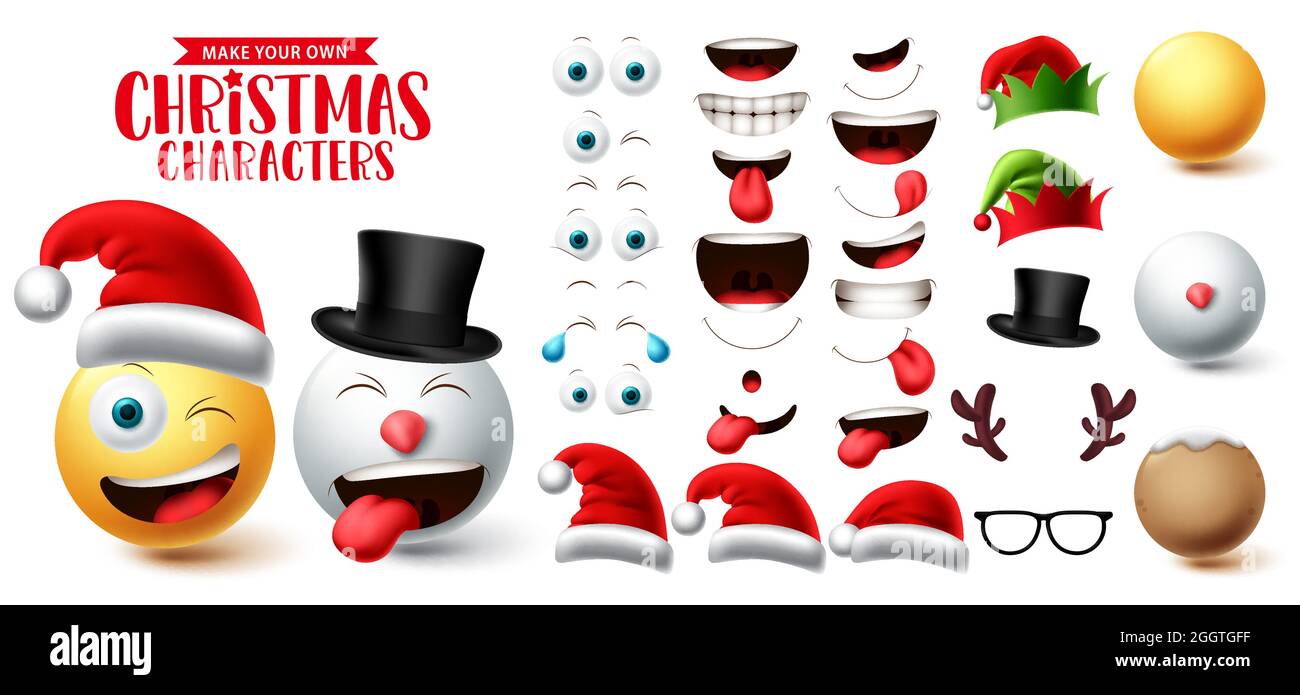Ensemble de vecteurs de création Emoji de Noël. Smiley visage yeux, bouche, chapeau et tête émoticone collection créateur caractère pour xmas élément graphique conception. Illustration de Vecteur