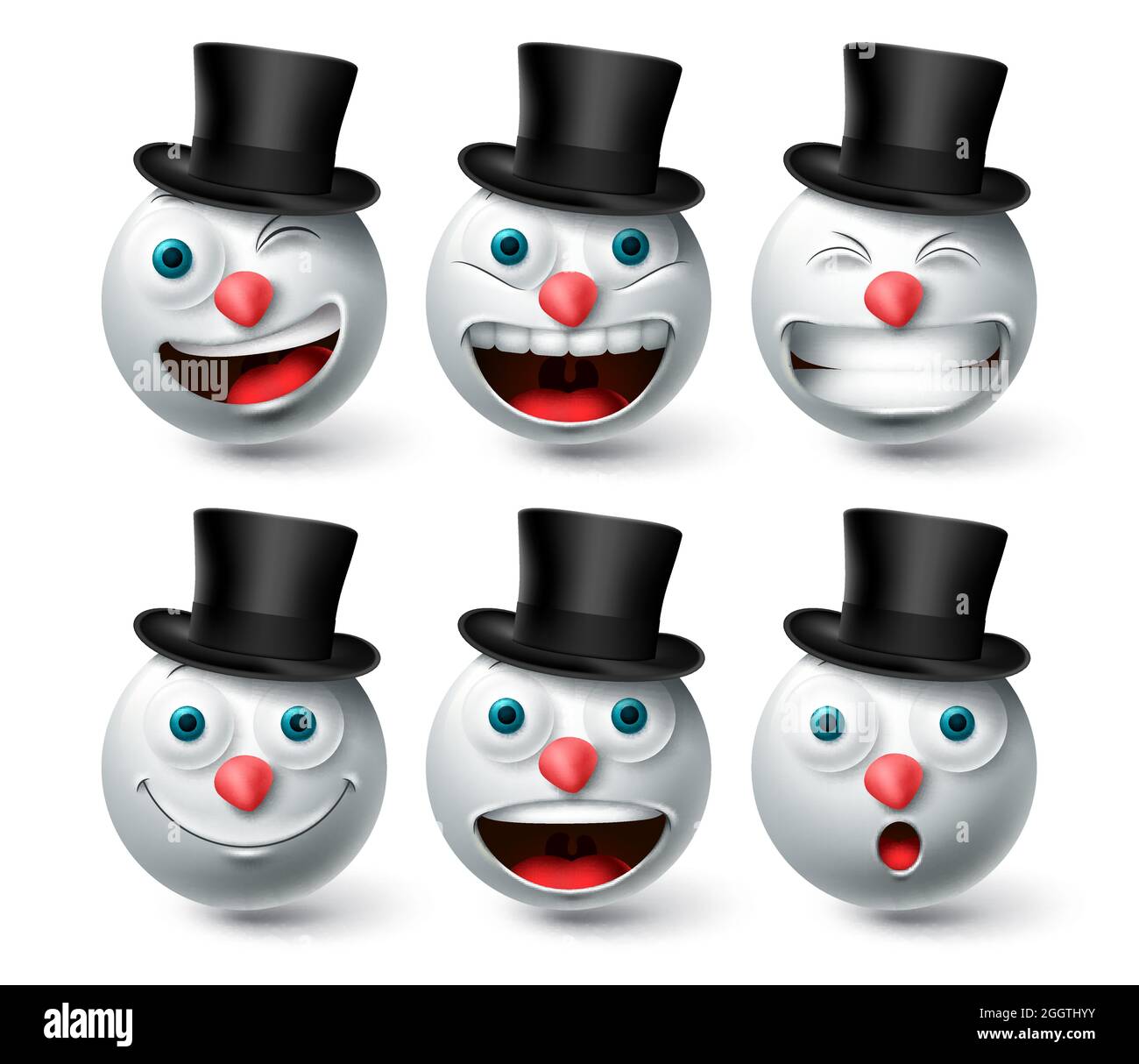 Ensemble bonhomme de neige de Noël à motif emoji. Emojis smiley neige homme portant le chapeau noir icône collection isolée dans fond blanc pour Noël et l'hiver Illustration de Vecteur