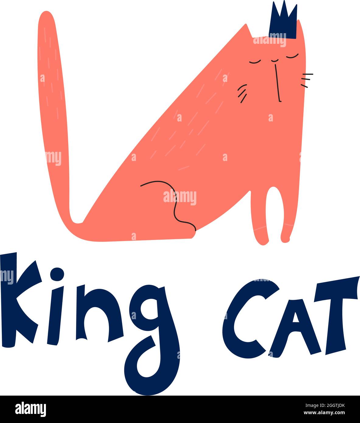 Drôle d'affiche tirée à la main graisse rouge chat dans la couronne. Vecteur enfants illustration doodle King chat pour l'impression, textile, autocollants, affiches, cartes, tee-shirts. Lettrage bleu foncé. Illustration de Vecteur