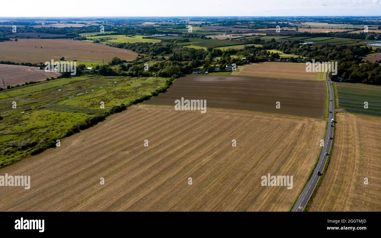 Vue aérienne vers l'est le long de Sandwich Road, depuis Banque D'Images