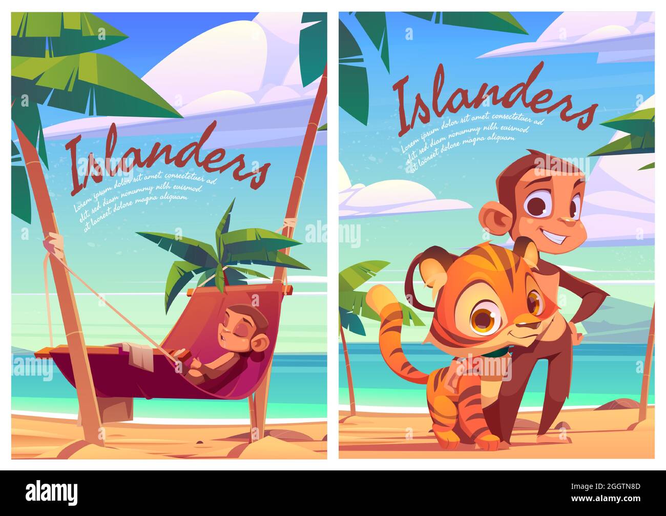 Des affiches de dessin animé avec singe et tigre cub drôle animaux sauvages, habitants de l'île prédateur et herbivore sur le bord de mer tropical avec palmiers, joli singe se détendre sur hamac, illustration vectorielle Illustration de Vecteur