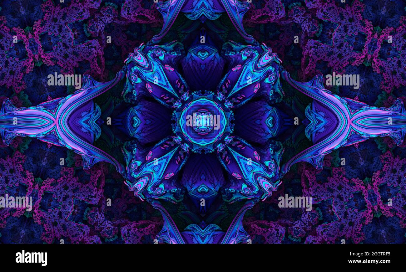 Arrière-plan abstrait ultra violet, fleurs tropicales de Bougainvillea avec effet kaléidoscope, motif floral mandala. Banque D'Images