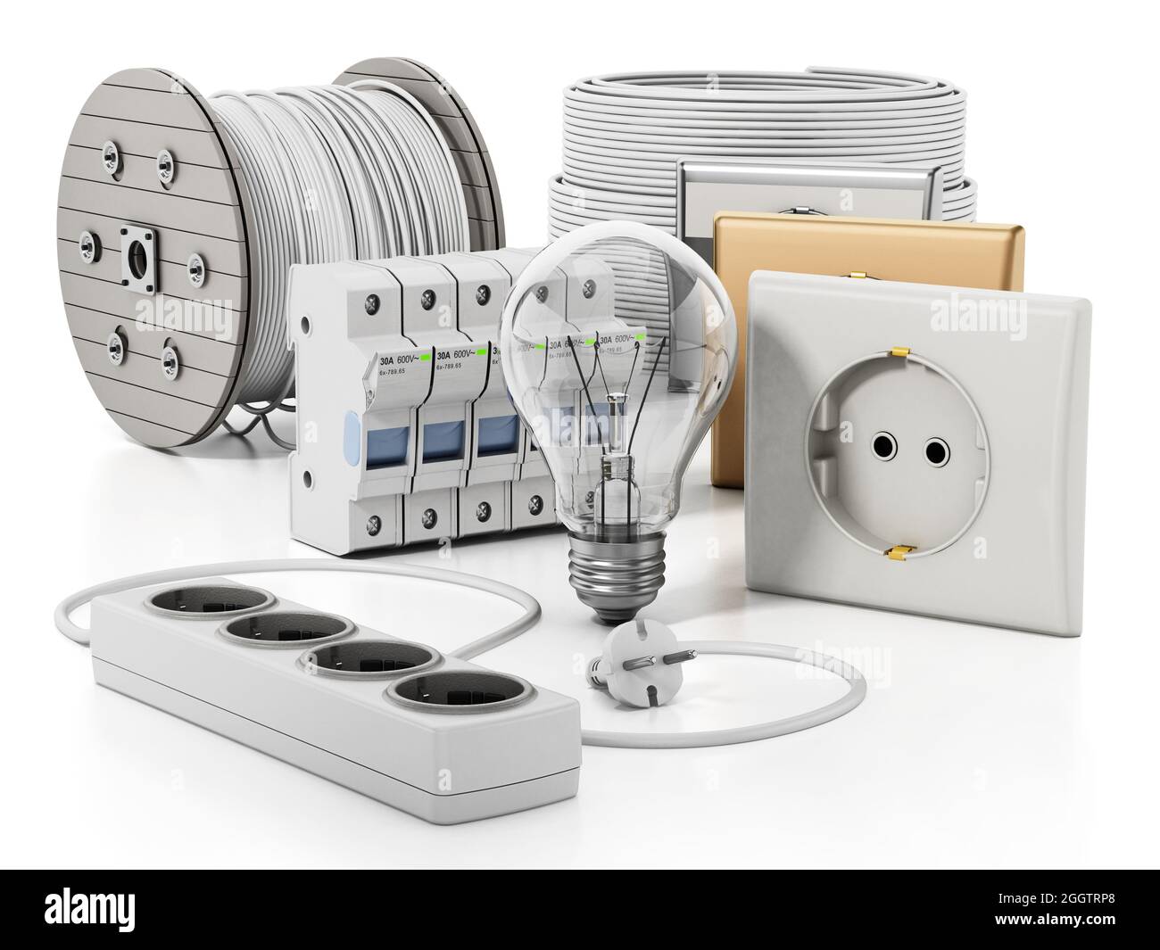 Prises de courant, câbles électriques, porte-fusibles et ampoule. Illustration 3D. Banque D'Images