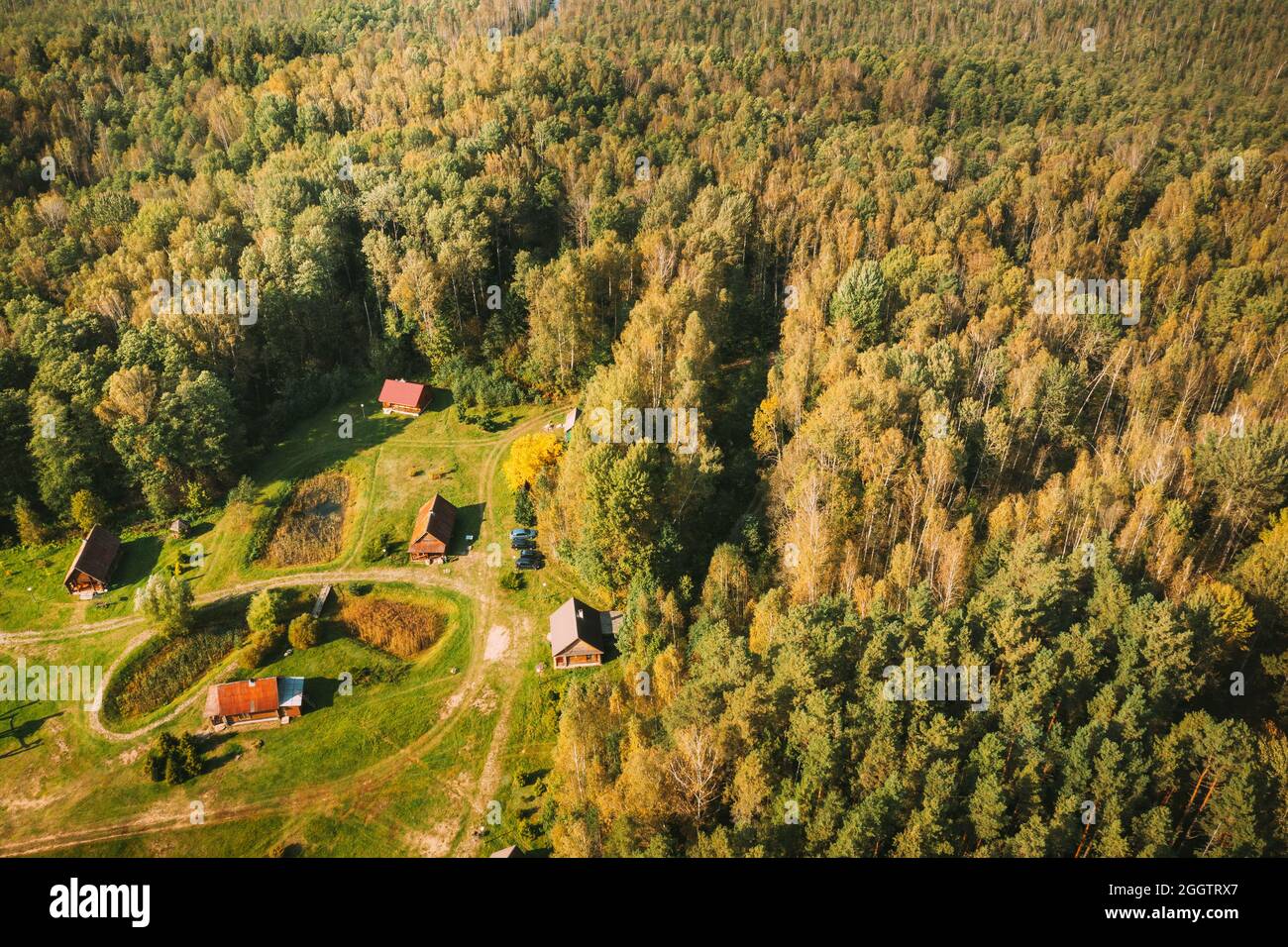 Bélarus, Réserve de biosphère de Berezinsky. Vue panoramique sur le complexe touristique de Nivki à l'automne, le soleil. Panorama Banque D'Images