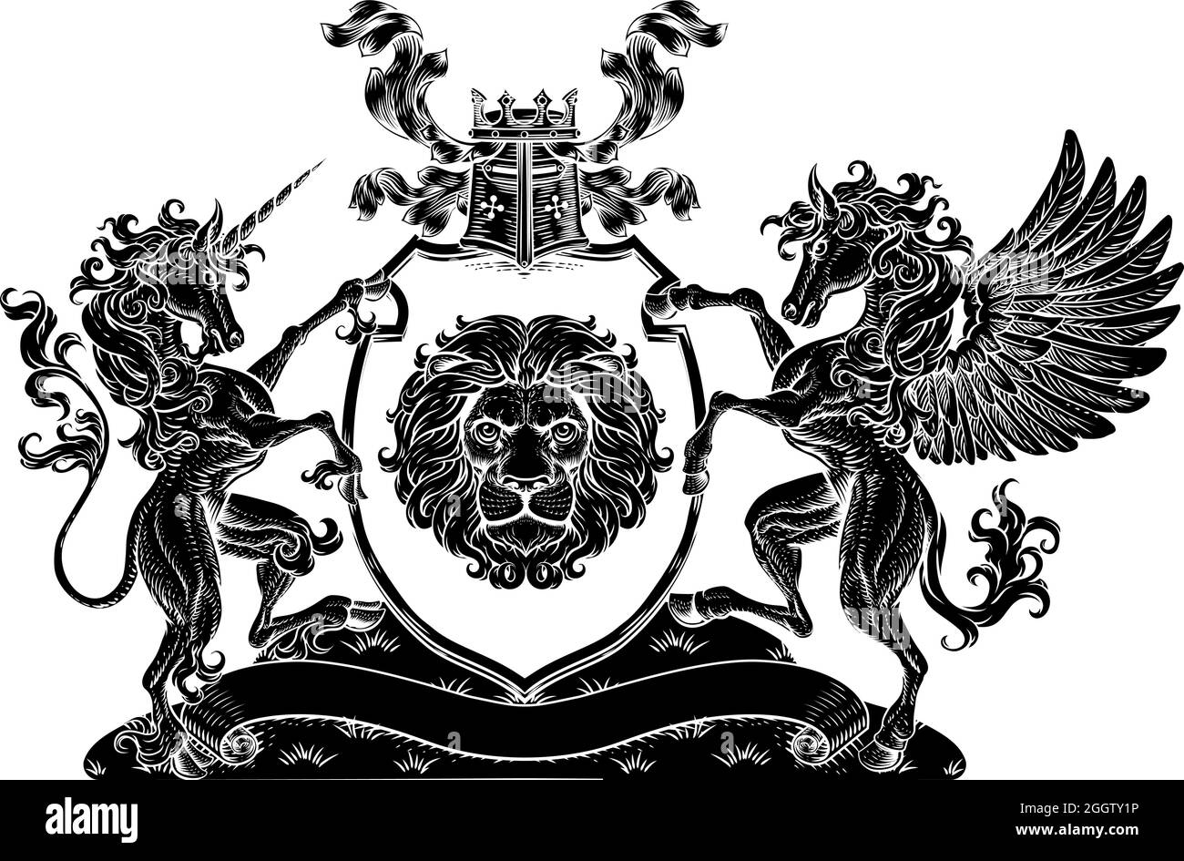 Armoiries Pegasus Unicorn Crest Lion Shield Illustration de Vecteur