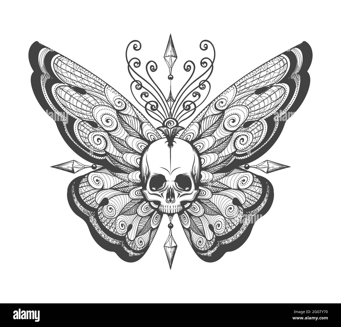Tatouage de crâne humain avec ailes de papillon isolées sur blanc. Illustration vectorielle. Illustration de Vecteur
