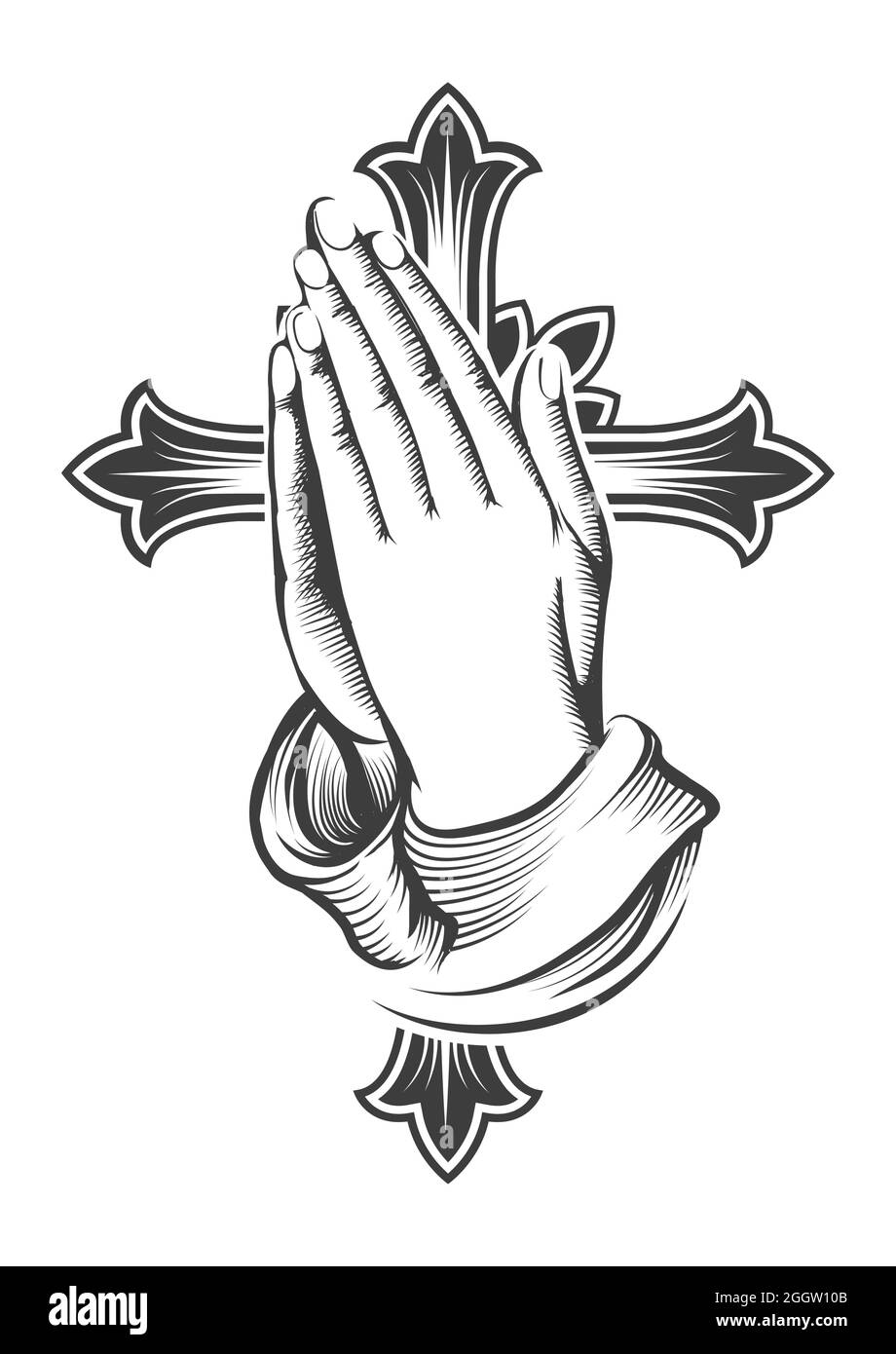 Tatouage des mains de prière contre la Croix isolé sur blanc. Illustration vectorielle. Illustration de Vecteur