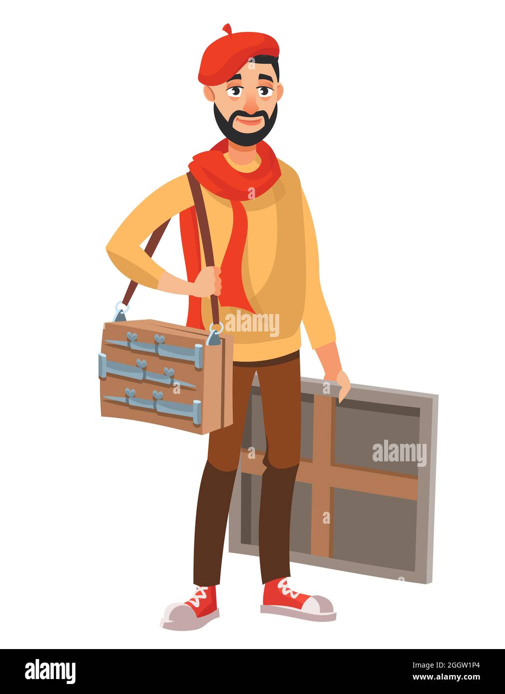 Artiste tenant des fournitures d'art. Homme de style dessin animé. Illustration de Vecteur