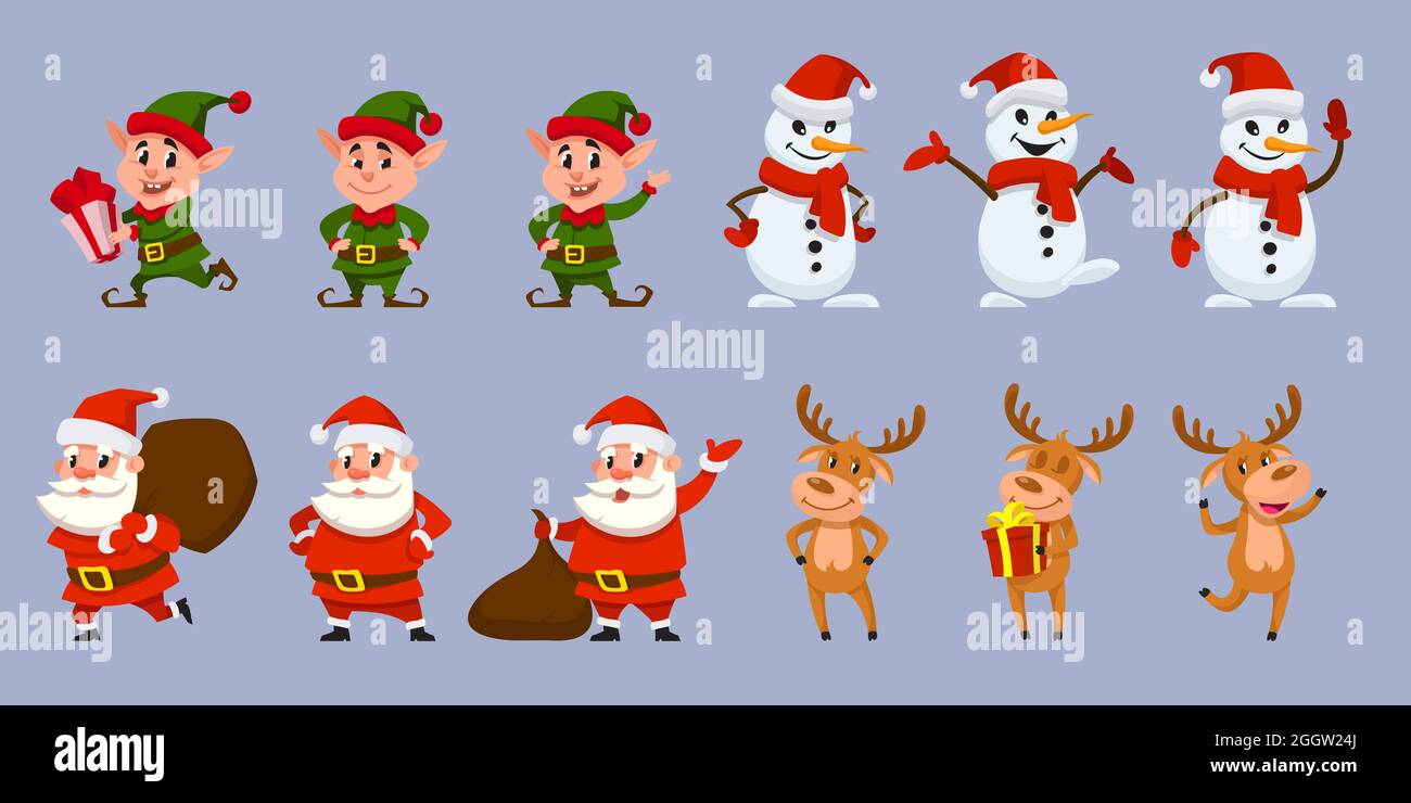 Jeu de caractères de Noël dans différentes poses. Le Père Noël, l'orf, le renne et le bonhomme de neige dans un style de dessin animé. Illustration de Vecteur