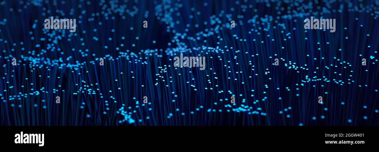 Technologie de câble à fibre optique arrière-plan bleu avec mise au point sélective. Format de bannière Web. Banque D'Images