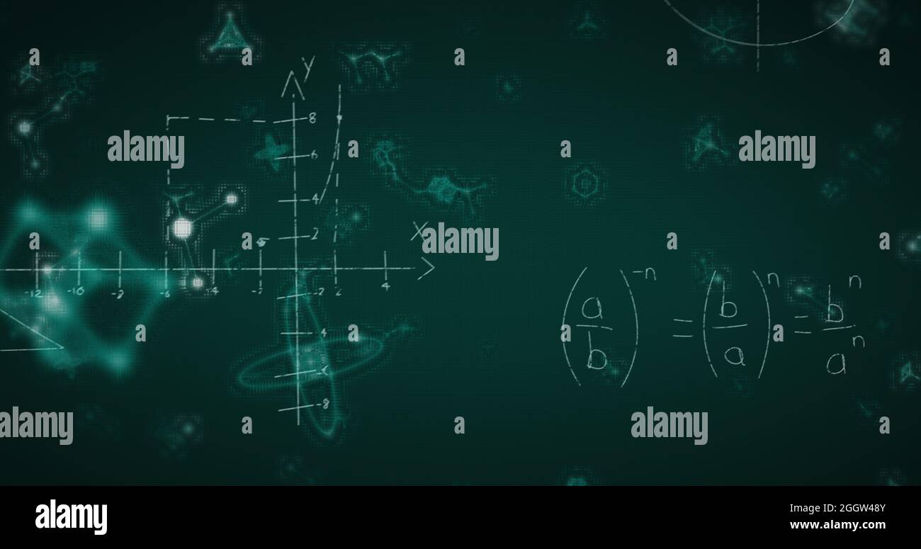 Image de la formule mathématique et des formes se déplaçant sur fond vert Banque D'Images