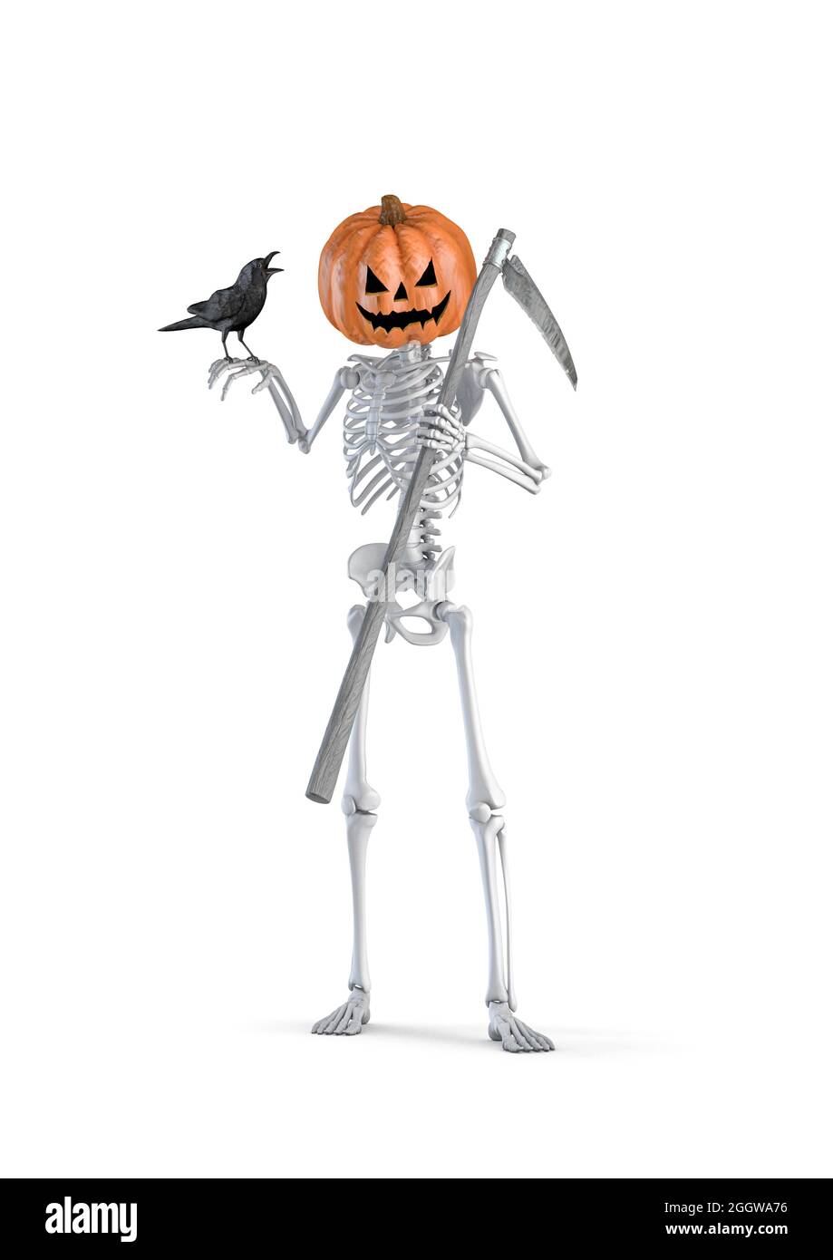 Halloween Grim reaper squelette de citrouille - illustration 3D de la figure masculine de mort de squelette humain tenant le scythe et le corbeau noir isolé sur blanc Banque D'Images
